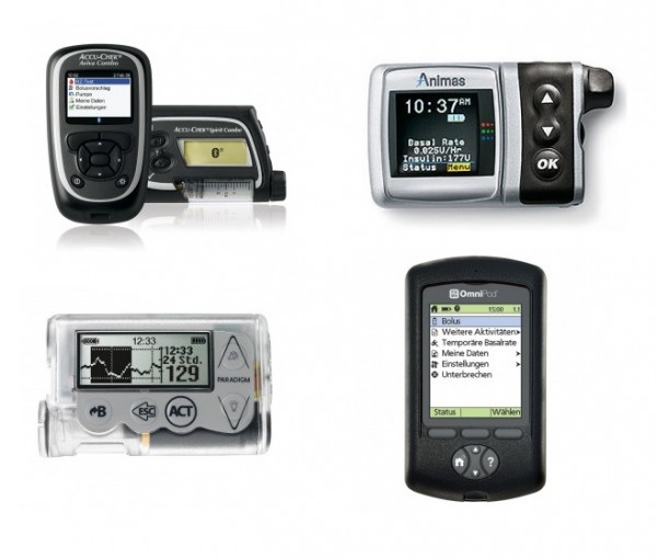 Welche Insulinpumpe soll es sein? Akku Chek Combo, Animas IR 2020, Medtronic Paradigm Veo oder myLife OmniPod 2 (v.l.n.r.)