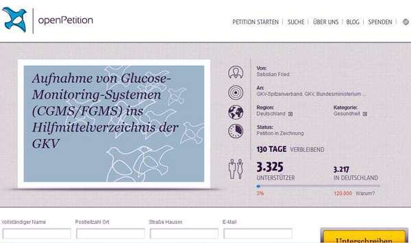 In einer Petition fordern Tausende Bittschreiber, dass Glucose-Monitoring-Systeme (CGMS/FGMS) ins Hilfsmittelverzeichnis der Gesetzliche Krankenversicherung (GKV) aufgenommen werden.  